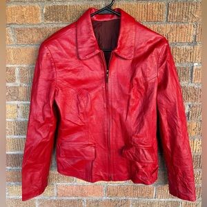 Vintage Jose Luis Bright Cherry Red Leather Collared Zip Up Jacket Sz 10 Womens
